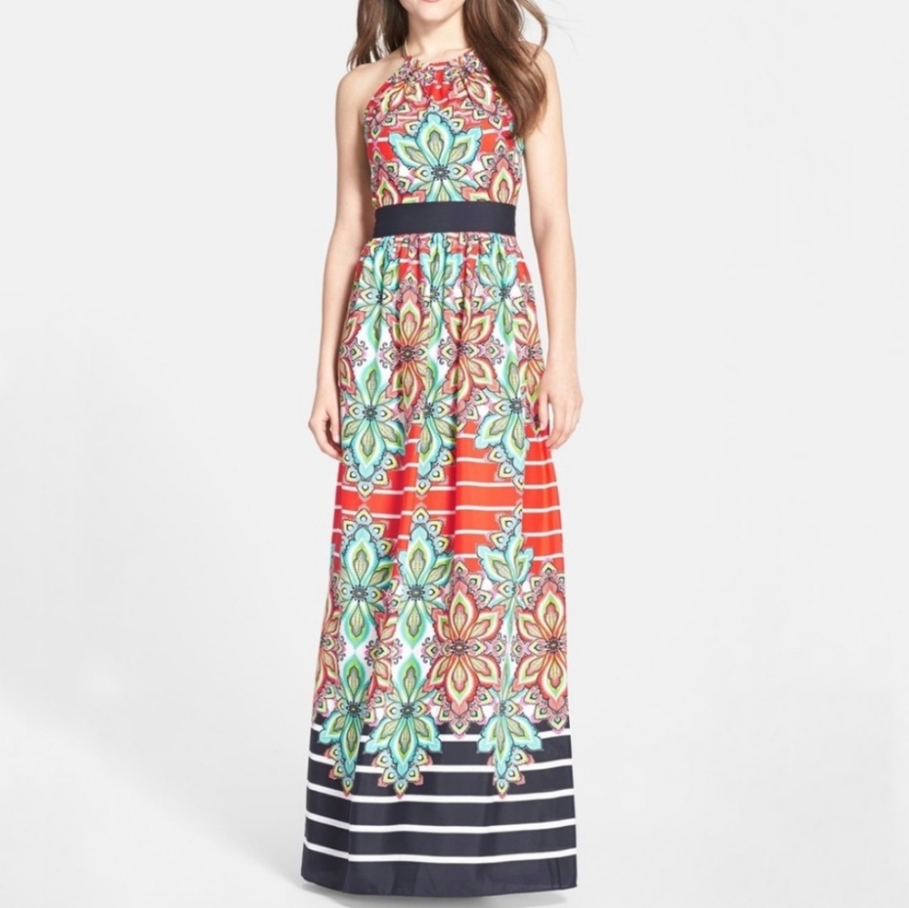 Eliza J Floral Striped Halter MaxiDress Size 8  Bright Gold ChainNeckline GUC